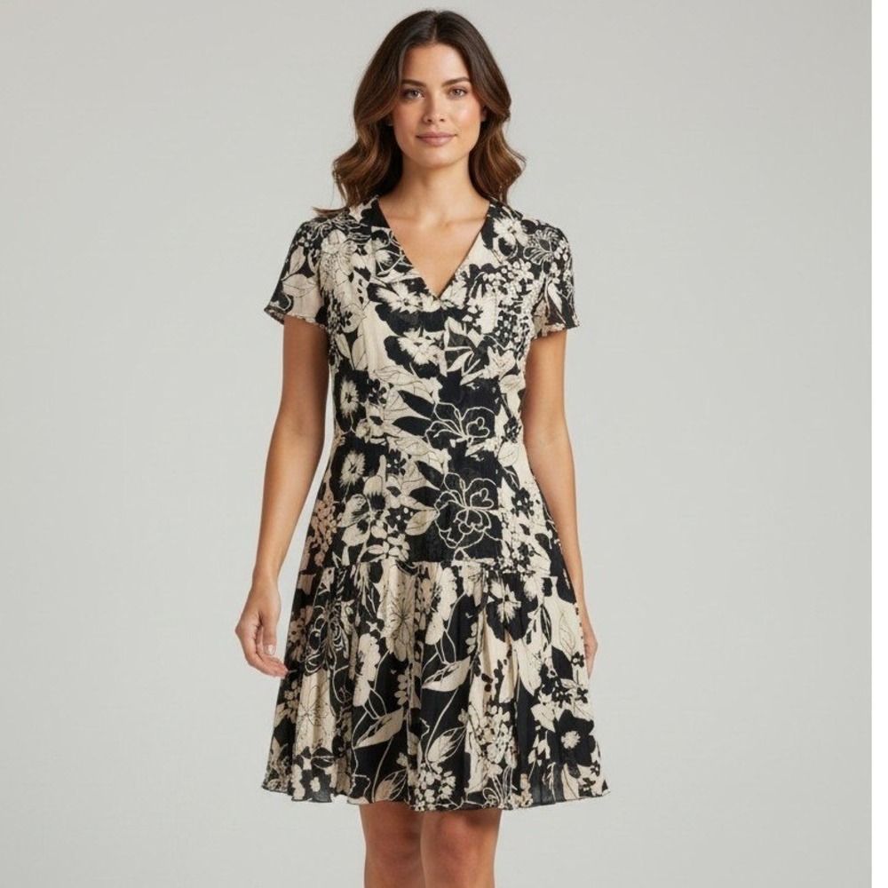 Sutton Studio Silk Skirt Blouse Set Womens 8P Black Tan Floral Ruffle NWT